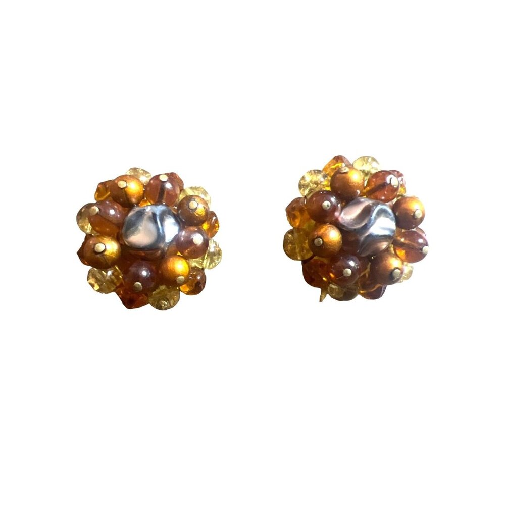 Vintage Earrings Clip-on  Silver Tone Center Bead Clear Copper Gold Amber Dome